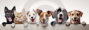 A cats and a dogs peeking over white edge. Web promotional banner for pet shop or vet clinic. Background with cute pets.