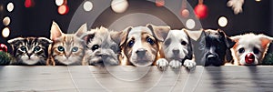 A cats and a dogs peeking over white edge. Web promotional banner for pet shop or vet clinic. Background with cute pets.