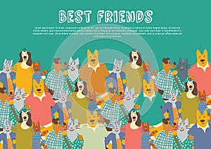 Cats and dogs pets friends big group friendship hugs sky.