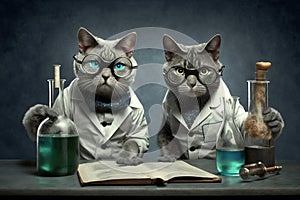Cats dressed as crazy scientists experiment created with Generative AI technology