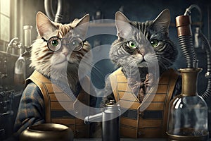 Cats dressed as crazy scientists experiment created with Generative AI technology