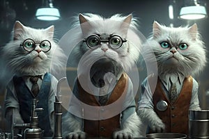 Cats dressed as crazy scientists experiment created with Generative AI technology