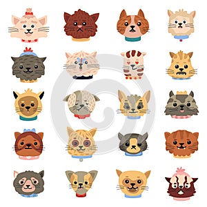 Cats emotions. Cute funny kitten faces, pets character heads, doodle domestic kitty portraits vector isolated icons