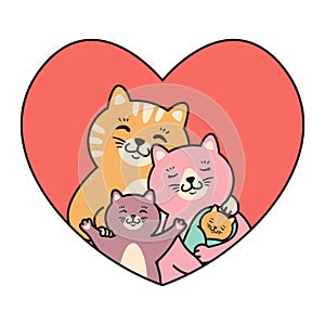 Cats family mother, father, child and newborn baby hug in heart. Greeting cards for Valentines Day, Birthday, Mothers Day. Cartoon