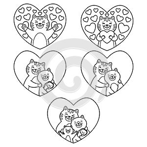 Cats family mother, father, child and newborn baby hug in heart. Tomcat hugs a heart. Set of lovely elements. Vector illustration