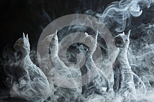 Cats figures swirling mis, unique whimsical artwork with white smoke