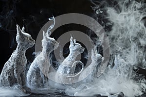 Cats figures swirling mis, unique whimsical artwork with white smoke