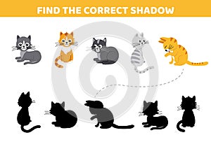 Cats. Find the correct shadow. Shadow matching game. Cartoon, vector