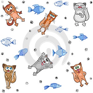 Cats and fish seamless vector pattern