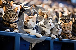 Cats are football fans at the stadium. Sports competition concept. Generated by artificial intelligence