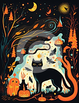 Cats on Halloween night with vibrantly colorful background