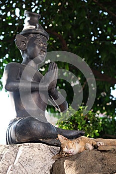 Cats have a rest near the sculpture of a meditating person in the territory of a Buddhist monastery