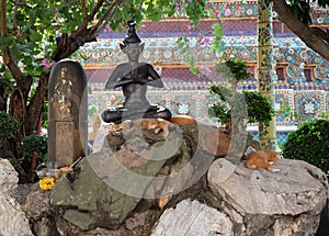 Cats have a rest near the sculpture of a meditating person in the territory of a Buddhist monastery