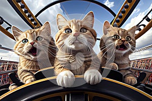 Cats having fun on roller coaste ride in fun park. Extreme adventure concept. generative AI