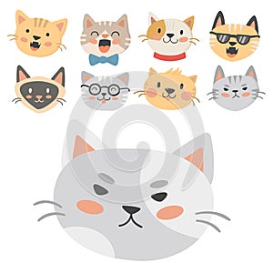 Cats heads vector illustration cute animal funny decorative characters feline domestic trendy pet drawn