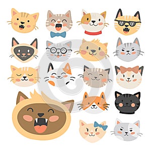 Cats heads vector illustration cute animal funny decorative characters feline domestic trendy pet drawn