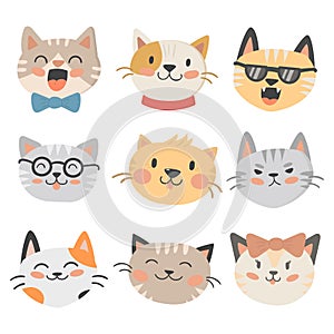 Cats heads vector illustration cute animal funny decorative characters feline domestic trendy pet drawn