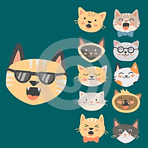 Cats heads vector illustration cute animal funny decorative characters feline domestic trendy pet drawn