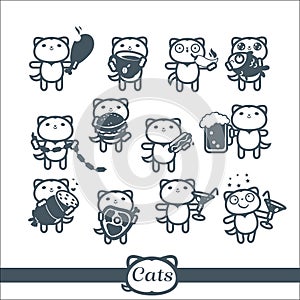 Cats Icons 12 Symbols Set: fast food