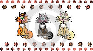 Cartoon cats. Background with red, white, black, ginger and siamese kittens, feet cats