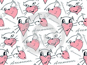 Cats in love vector seamless pattern. Comic cartoon hand drawn doodle style. Funny animal faces in pink heart shapes