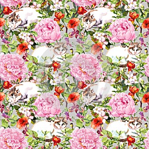 Cats lying in grass, flowers. Floral seamless pattern. Watercolor