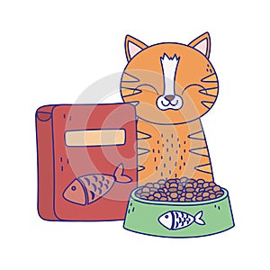 Cats make me happy, tabby cat with bowl and box of food