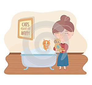 Cats make me happy, woman cat with ball and kitten in bathtub