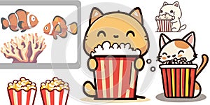 Cats movie night popcorn clown fish  graphics illustration