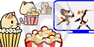 Cats movie night popcorn clown fish vector graphics illustration