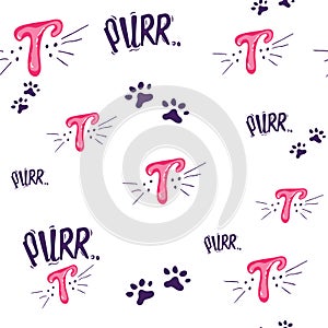 Cats mustache, nose, paw, in pink, purple colors the seamless pattern on white background.vector illustration.fashion