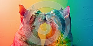 cats painted in the colors of the LGBT flag kiss each other created with Generative AI technology