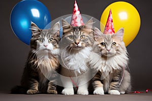 Cats with party hats and balloons celebrate life on black background. Generative AI