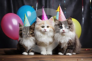 Cats with party hats and balloons celebrate life on black background. Generative AI