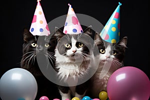 Cats with party hats and balloons celebrate life on black background. Generative AI