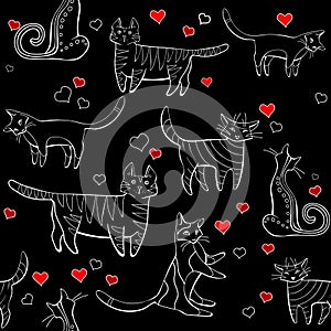 Cats pattern black. wall-paper, group of different cats on a black background in different poses with hearts