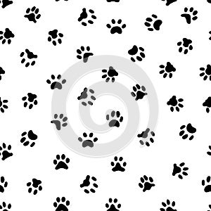 Cats paw print. Cat or dog paws footsteps prints, pets footprints and animal printed footstep tracks seamless pattern