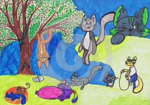 Cats play in the street. Children`s drawing