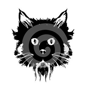 Cats portrait sketch closeup. Also good for tattoo. Editable vector monochrome image with high details isolated on white