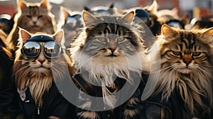 cats portrait with sunglasses, Funny animals in a group together looking at the camera, wearing clothes, having fun