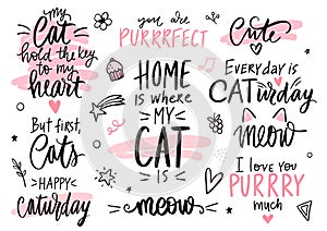 Cats quotes set, meow lettering, fashion kitty phrases. Cute vector set with funny sayings. photo