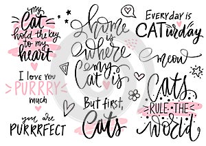 Cats quotes set, meow lettering, fashion kitty phrases. Cute vector set with funny sayings. photo