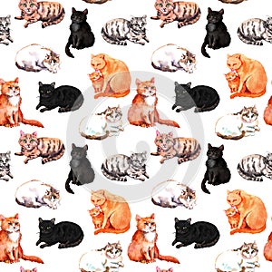 Cats repeated background. Mix cat animals, a lot of cute kitty. Watercolor seamless pattern