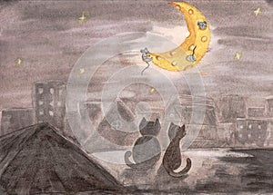 Cats on the roof. Drawing by watercolor. Child illustration.