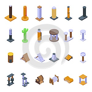 Cats scratching post icons set isometric . Tree tower