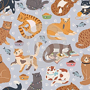 Cats seamless pattern. Cute cat sleeping, playing with toys, sitting. Cartoon pet animal background with funny kittens