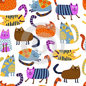 Cats seamless pattern. Funny colorful characters in different poses. Vector hand-drawn illustration in simple
