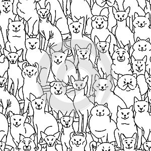 Cats seamless pattern vector black white domestic pedigree pets set contour sketch background.