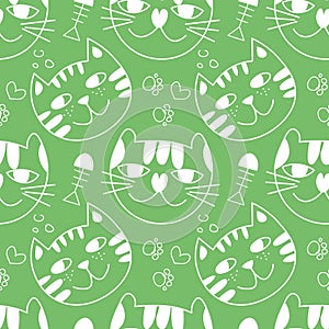 Cats seamless pattern vector design. cute cats head with funny expressions isolated in Green background. Animal vector