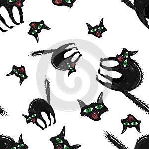 Cats seamless pattern. Vector illustration of funny black cats seamless pattern. Background of cartoon cats hand drawn